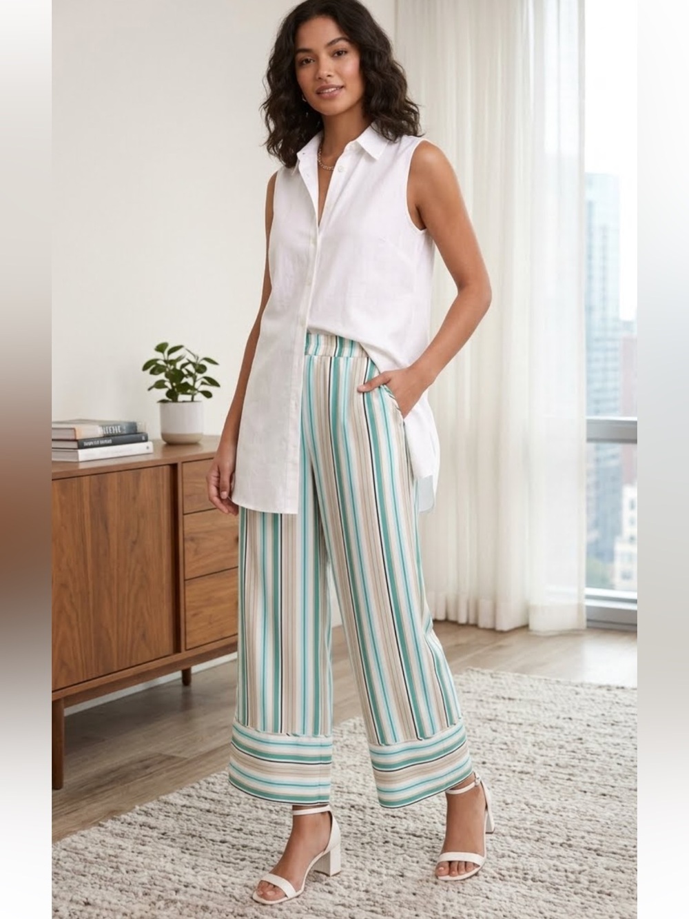 Chico’s Black Label Wide-Leg Striped Summer Pants Green/Cream/Black Pocket   8